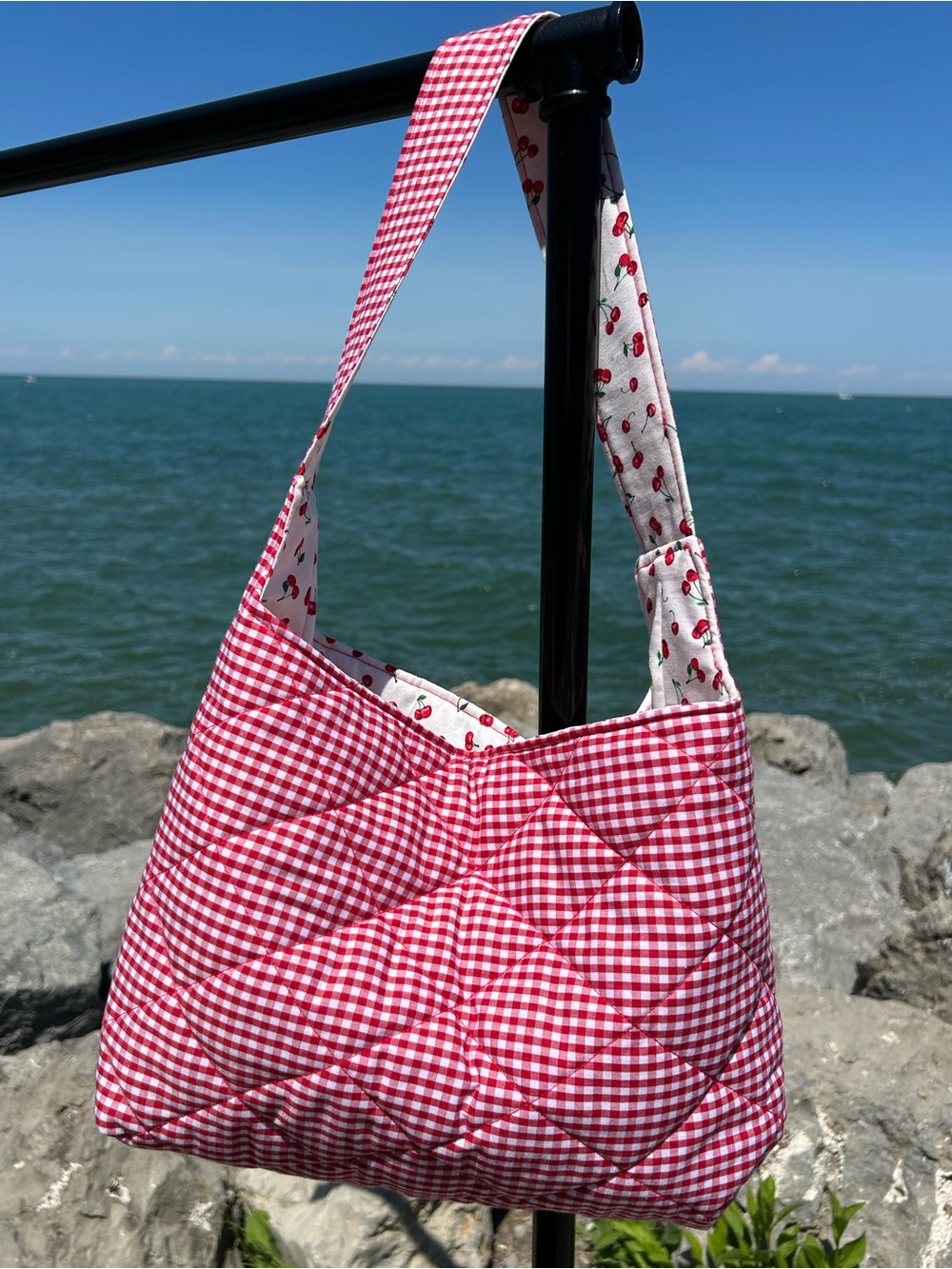 Made 📍n Canada | Quilted Red Gingham Shoulder Bag w Cherry Print Lining